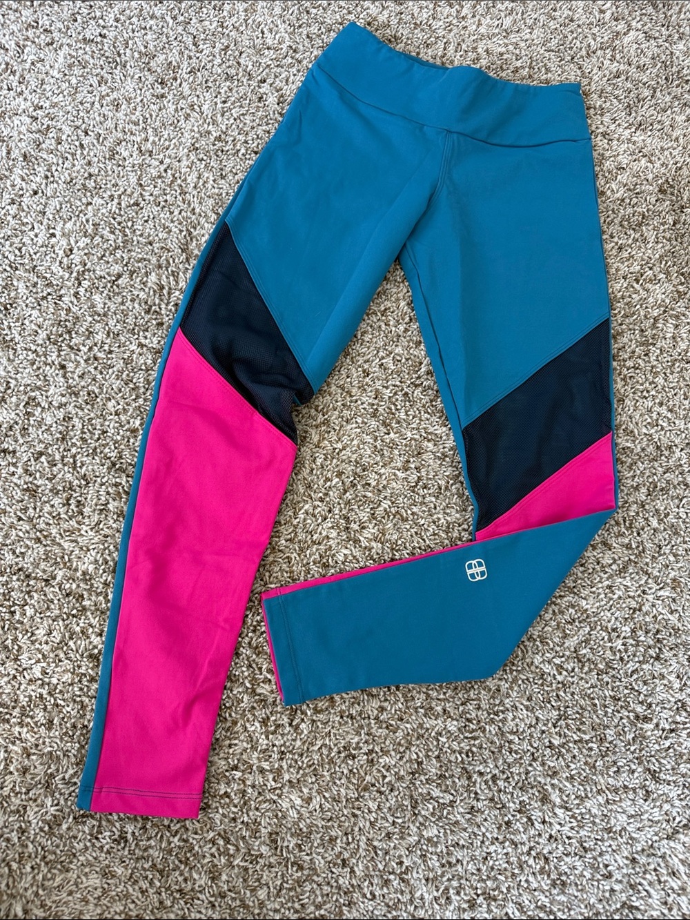 Colorblock Teal and Hot Pink Active Leggings with Black Mesh Panels